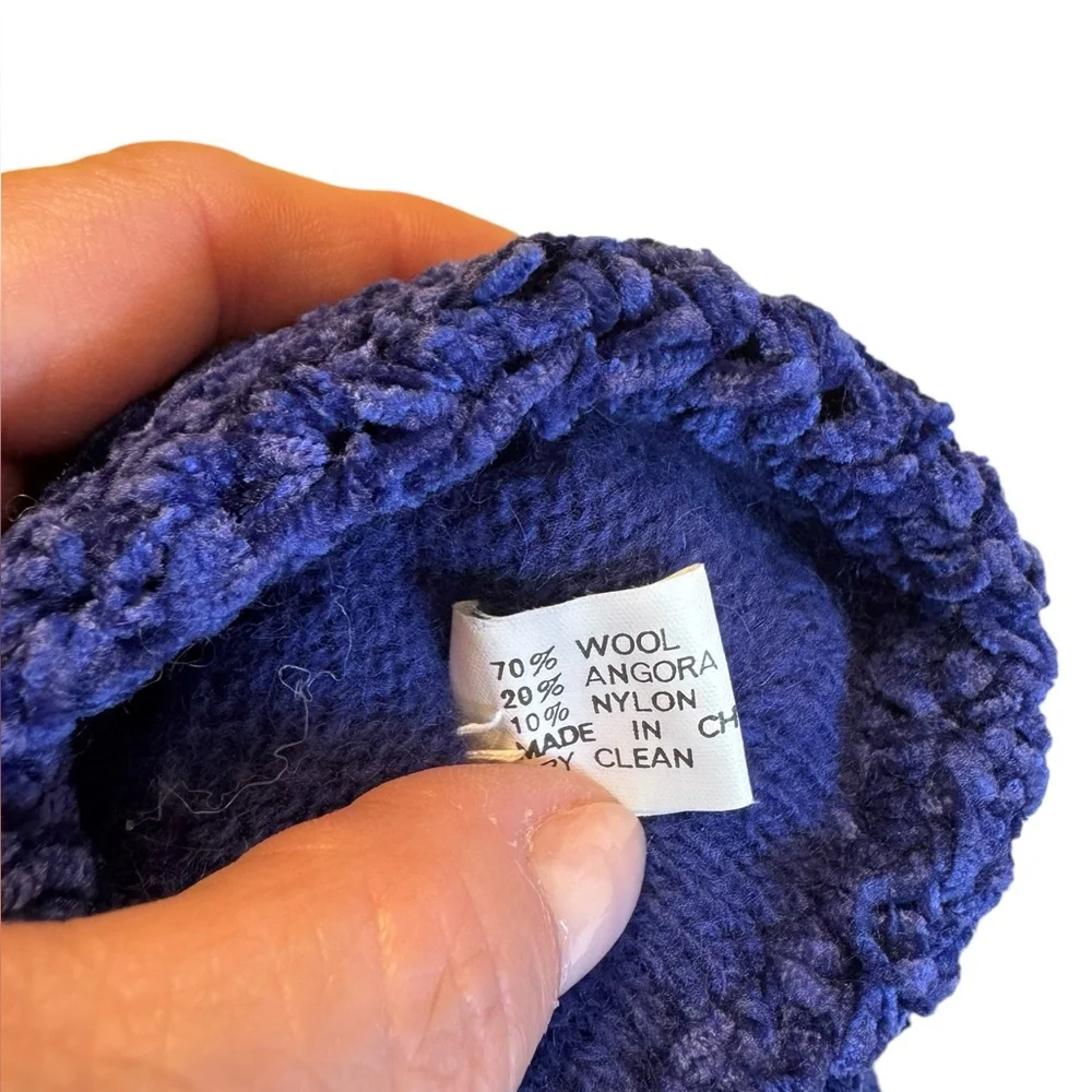 Wool and angora gloves in Iris with woven chenille cuffs. Gently worn.